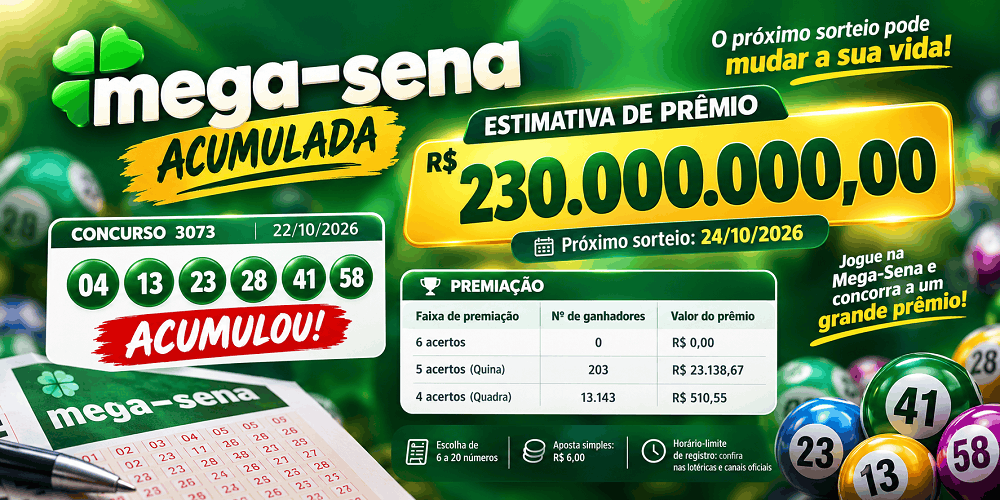 Mega Sena acumulada R$ 230 milhões